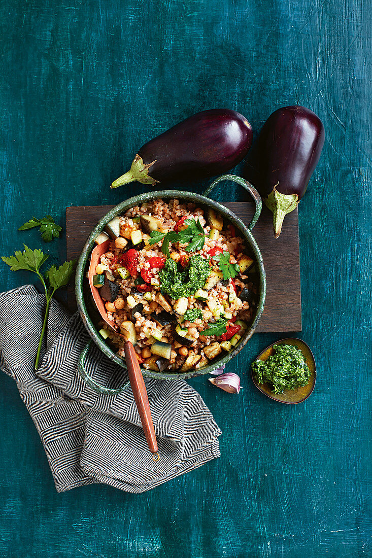 Barley, chickpea and eggplant casserole with parsley pesto