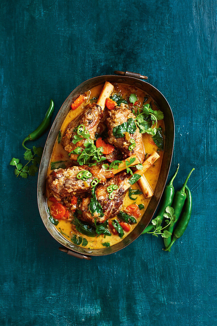 Indian-spiced shanks and broccoli rice