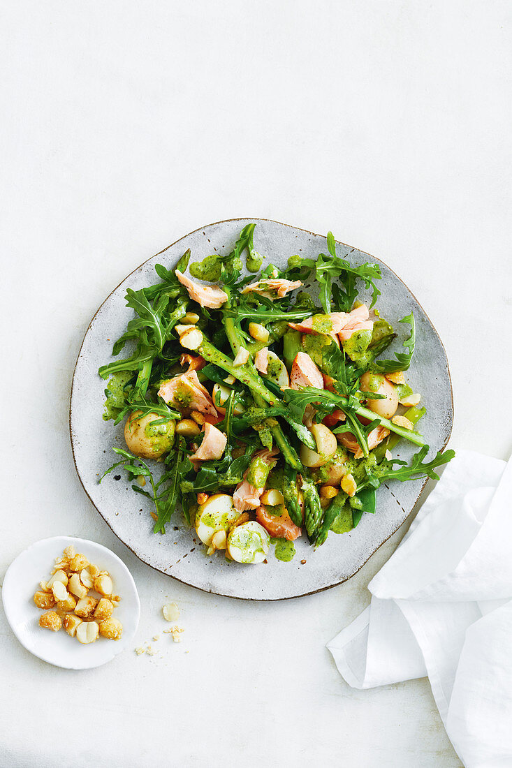 Asparagus and potato salad with pesto and salmon