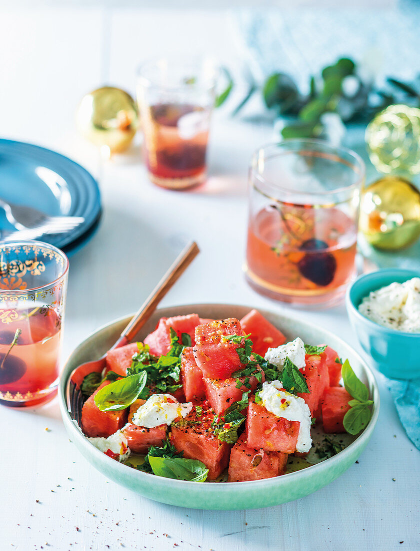 Herby watermelon salad with whipped feta