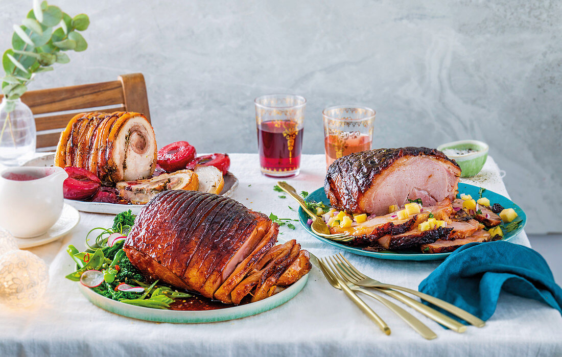 Pork belly roast with sticky glühwein plums, Honey-glazed gammon with pineapple salsa, Asian sriracha and soy glazed gammon with crisp asian salad gourmet