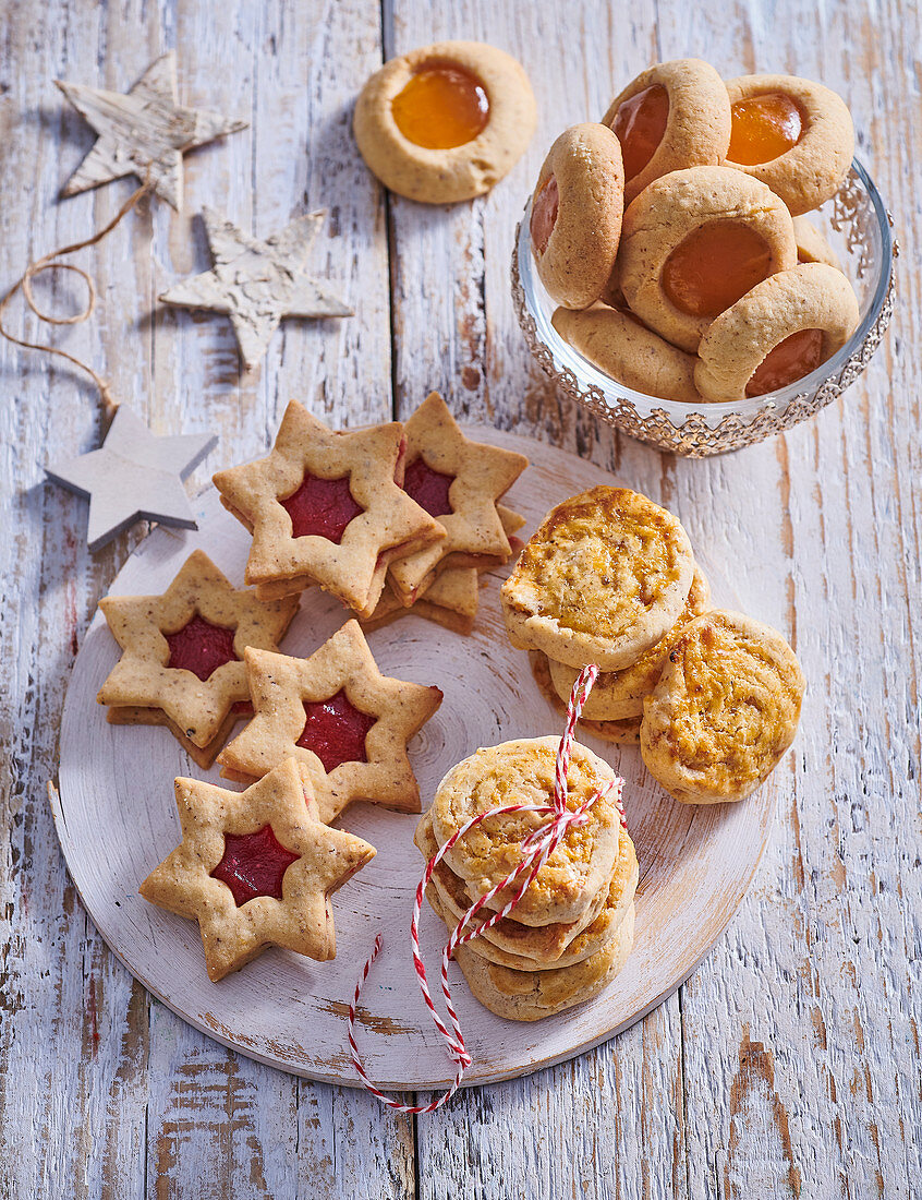 Three sorts of Christmas cookies made from nut dough