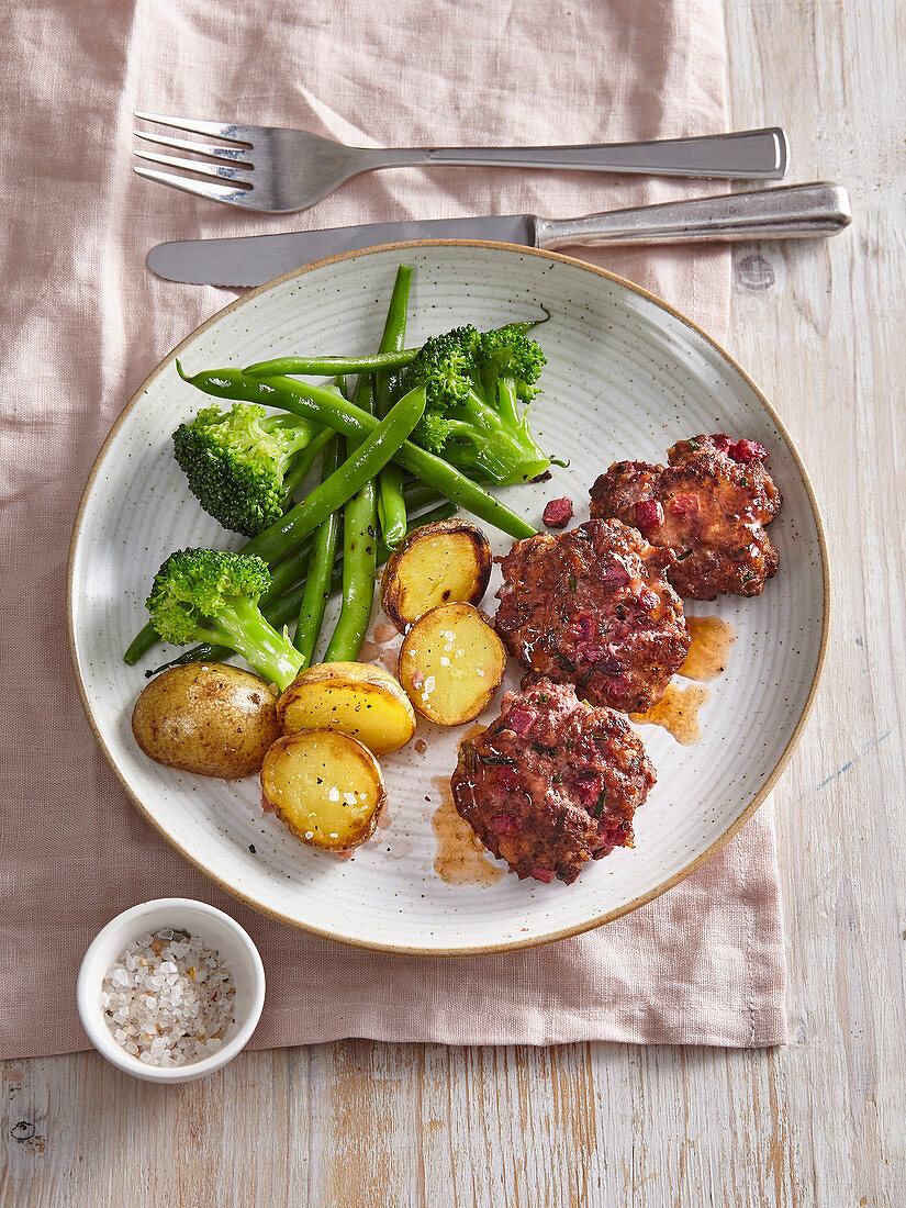 Beef rissoles with beetroot and capers