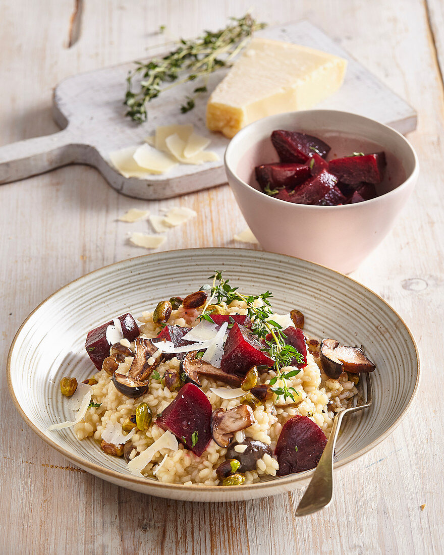 Mushroom risotto with marinated beetroot
