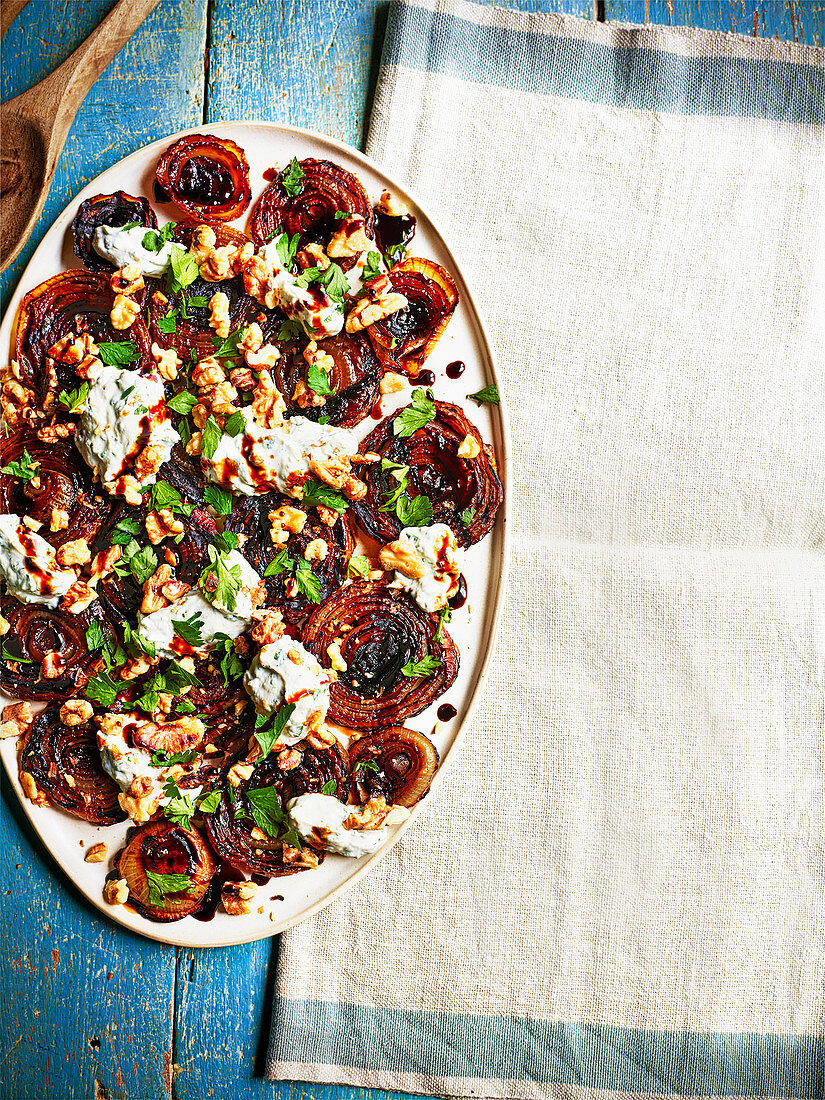 Charred onions with balsamic, walnuts and ricotta