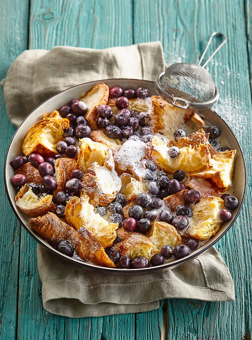 Croissant pudding with blueberries
