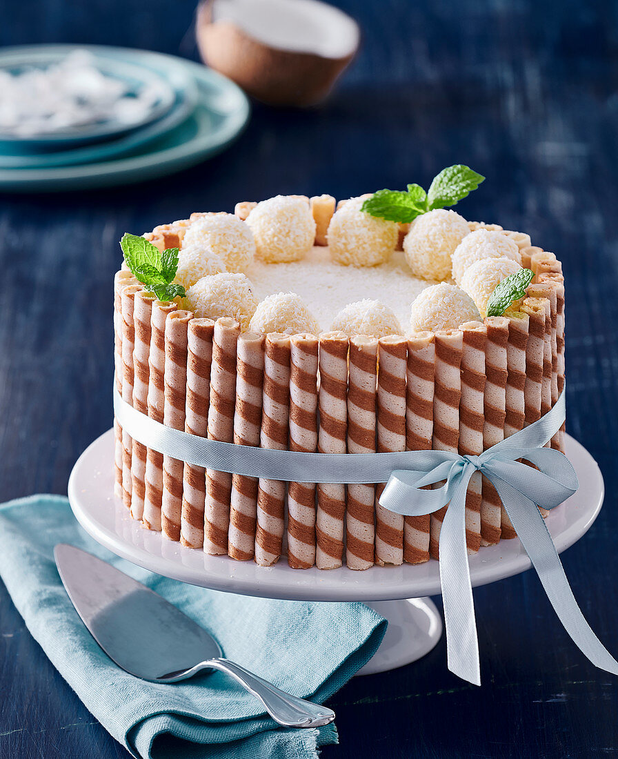 Coconut gateau with filled tubes