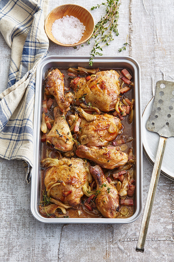 Chicken with bacon roasted on beer