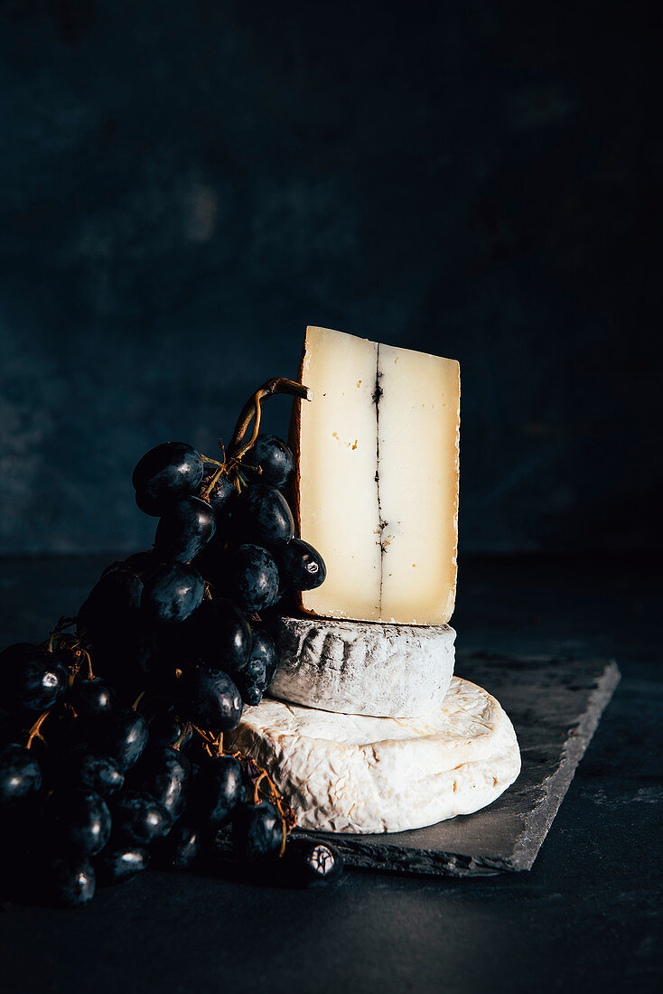 Camembert cheese with grapes
