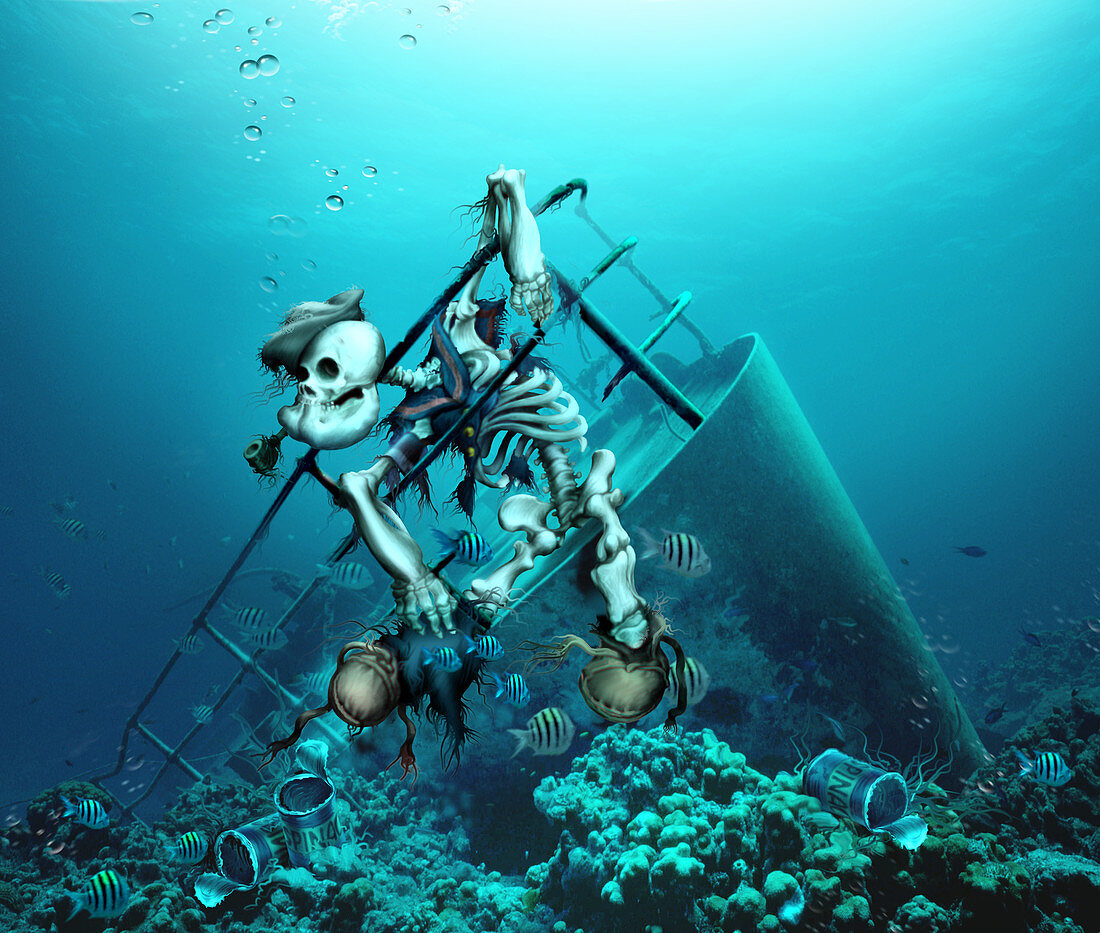 Shipwreck and skeleton on coral reef, illustration