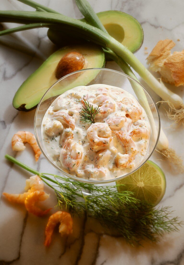 Shrimp salad with caviare & dill in glass (from above)