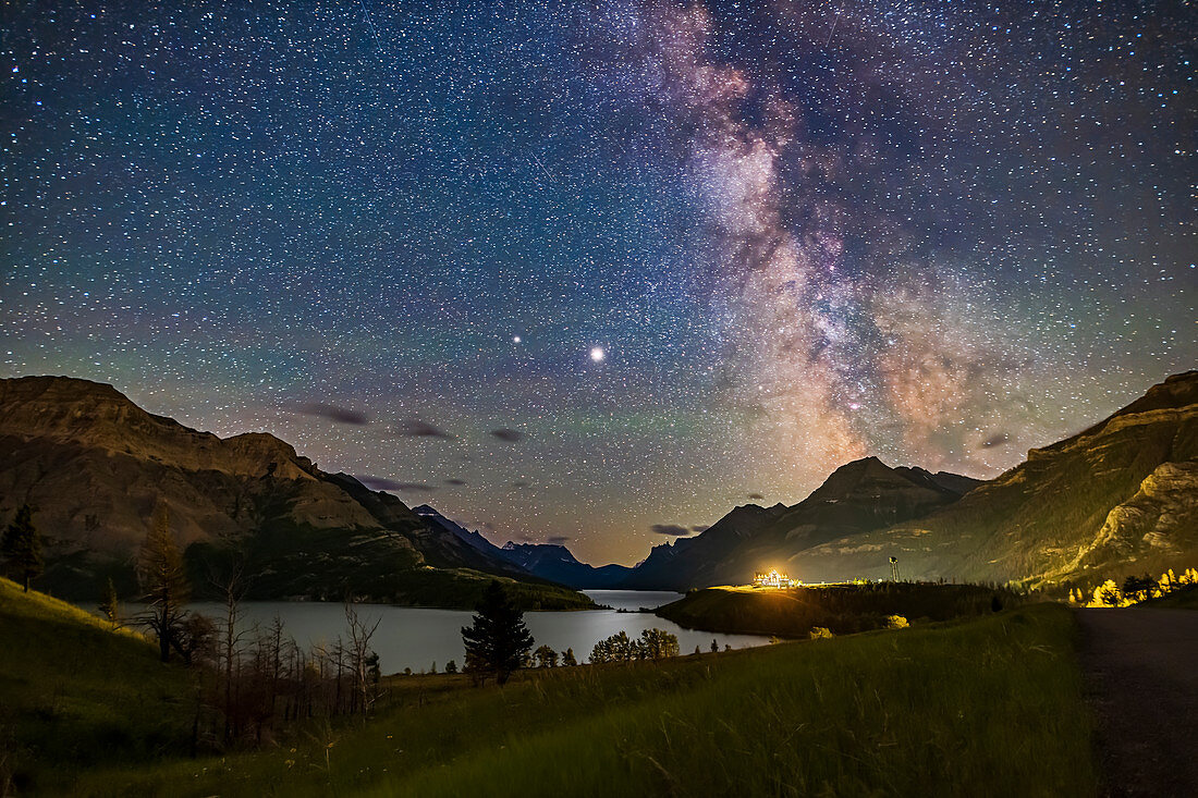Milky Way and planets over Waterton Lakes, Canada