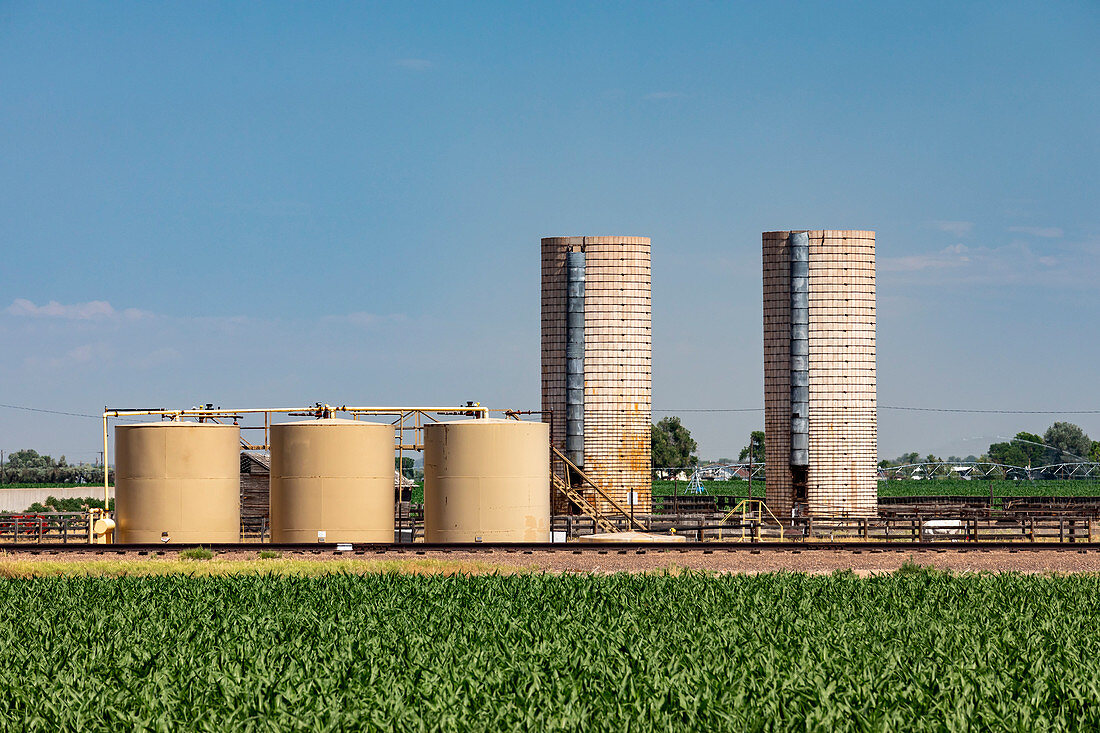 Farm silos and oil storage tanks