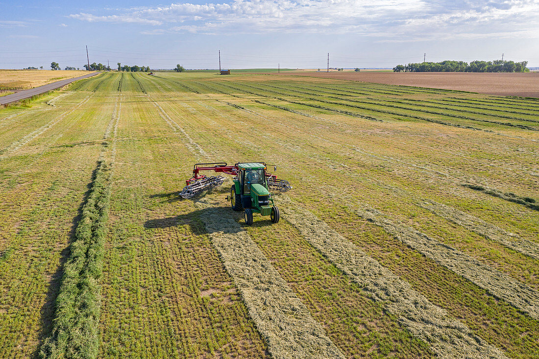 Tractor raking hay