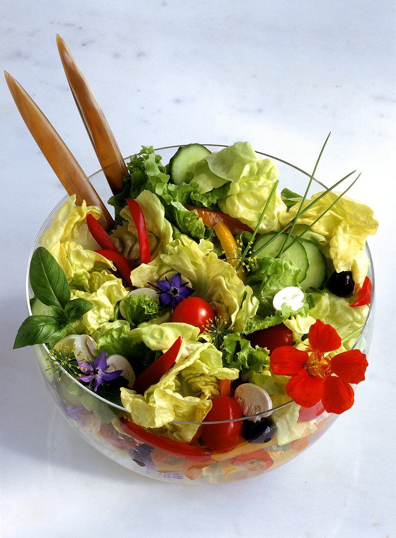 Tossed Salad in Glass Salad Bowl