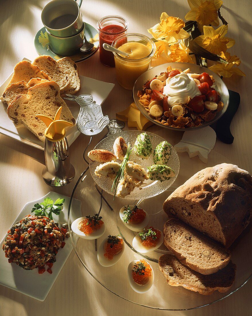 Breakfast buffet with caviare eggs, bread, cream cheese