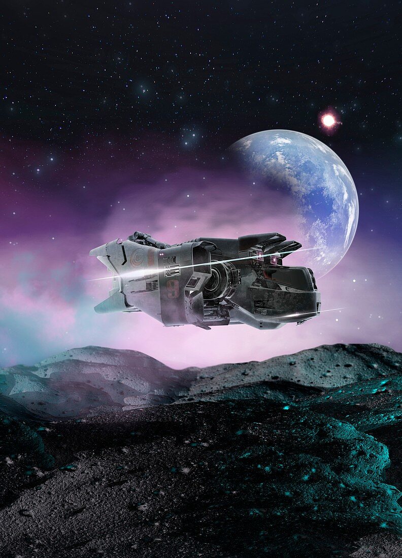 Spaceship over asteroid, illustration