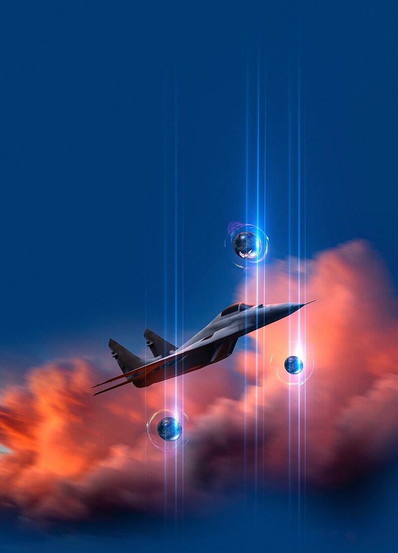 UFOs and fighter jet, illustration