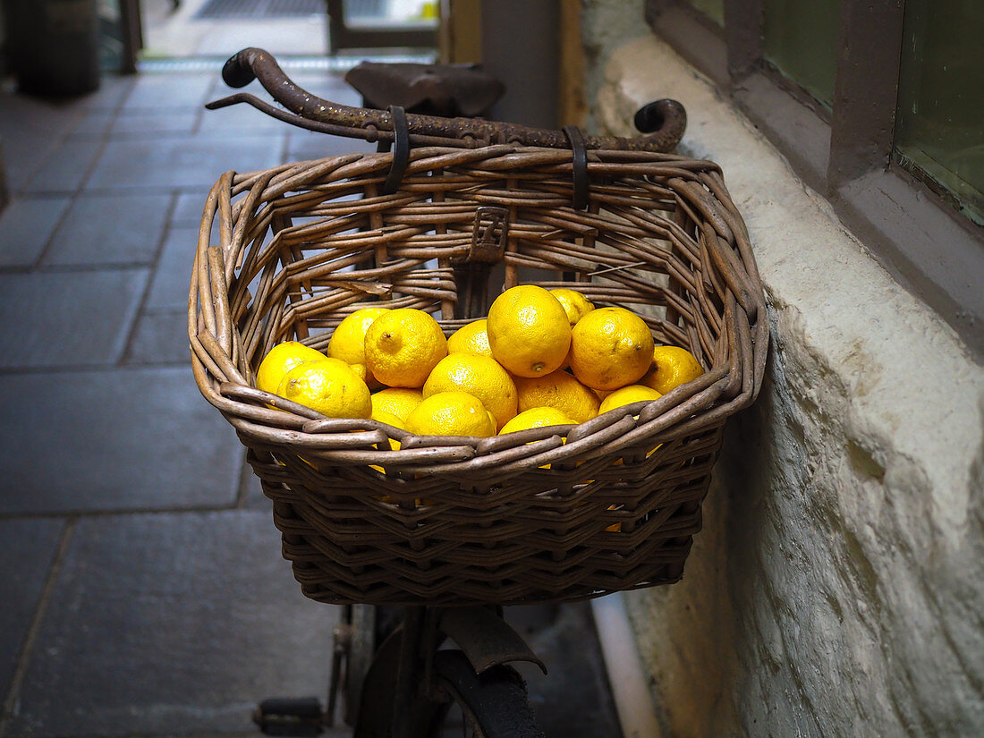 Frische Zitronen im Weidekorb eines rostigen Fahrrades