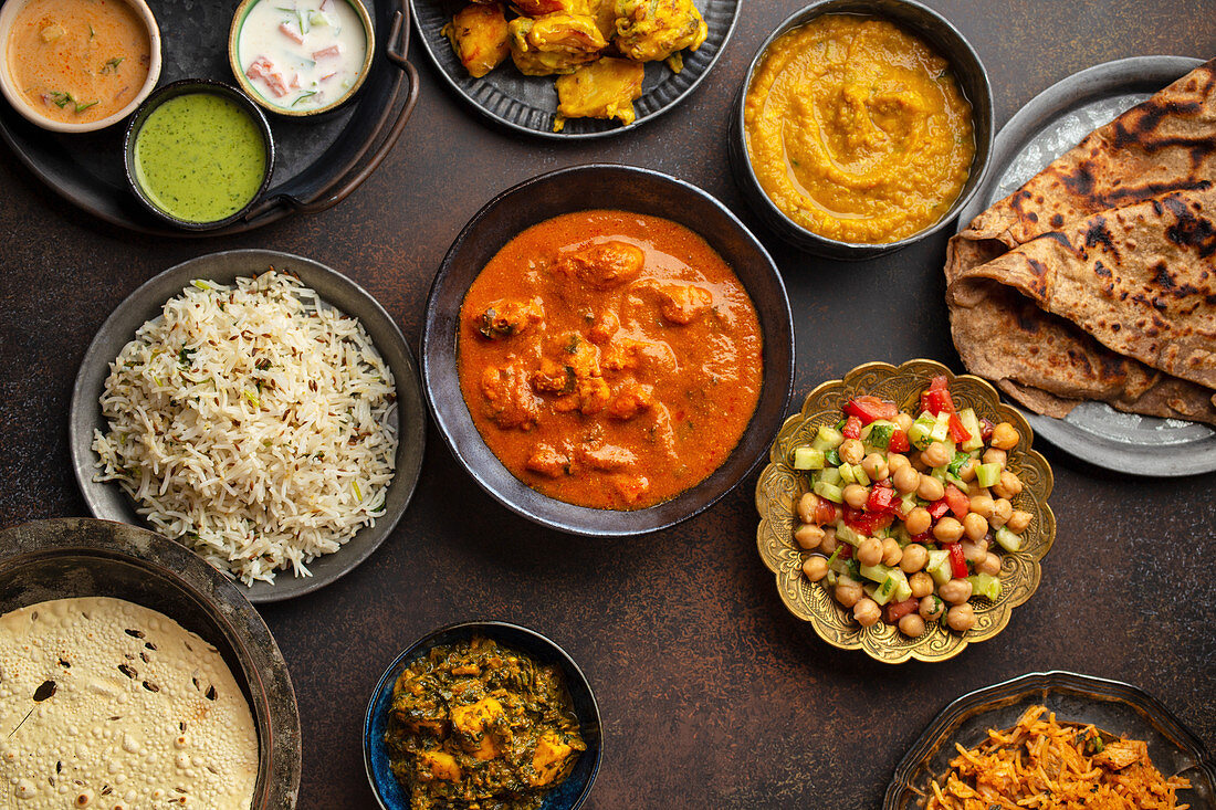 Variety of Indian food, different dishes and snacks