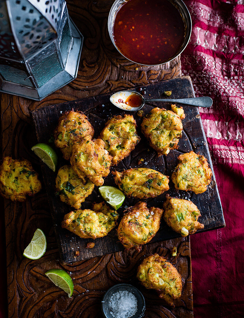 Persion spiced cod fritters with harissa honey dip