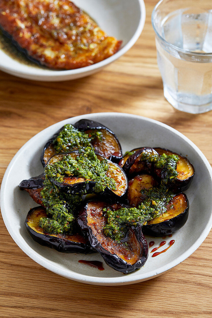 Fried aubergine, date syrup and zhoug (Tel Aviv)