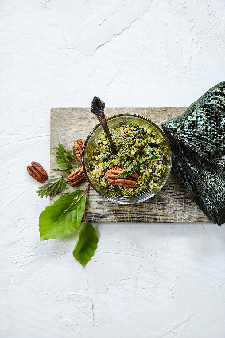 Wild harb pesto with copper beech leaves, stinging nettles and ground-elder