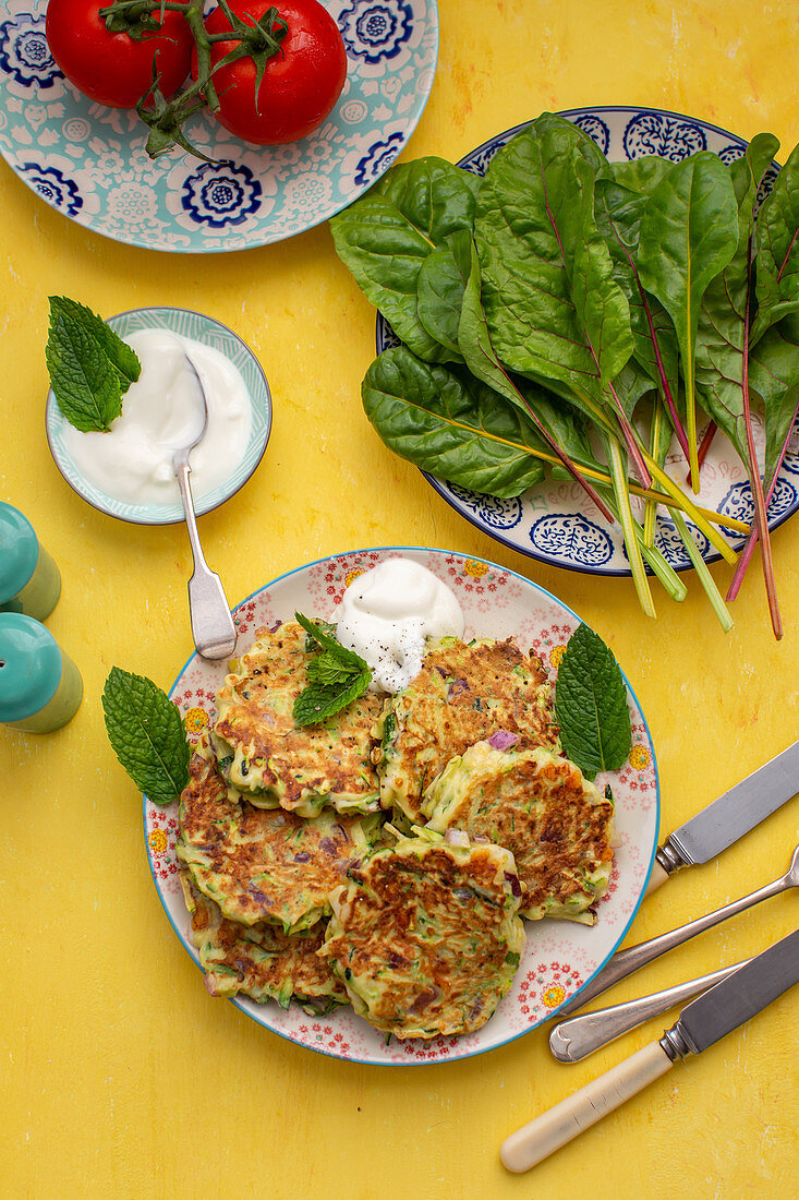 Chard fritters with yoghurt dip