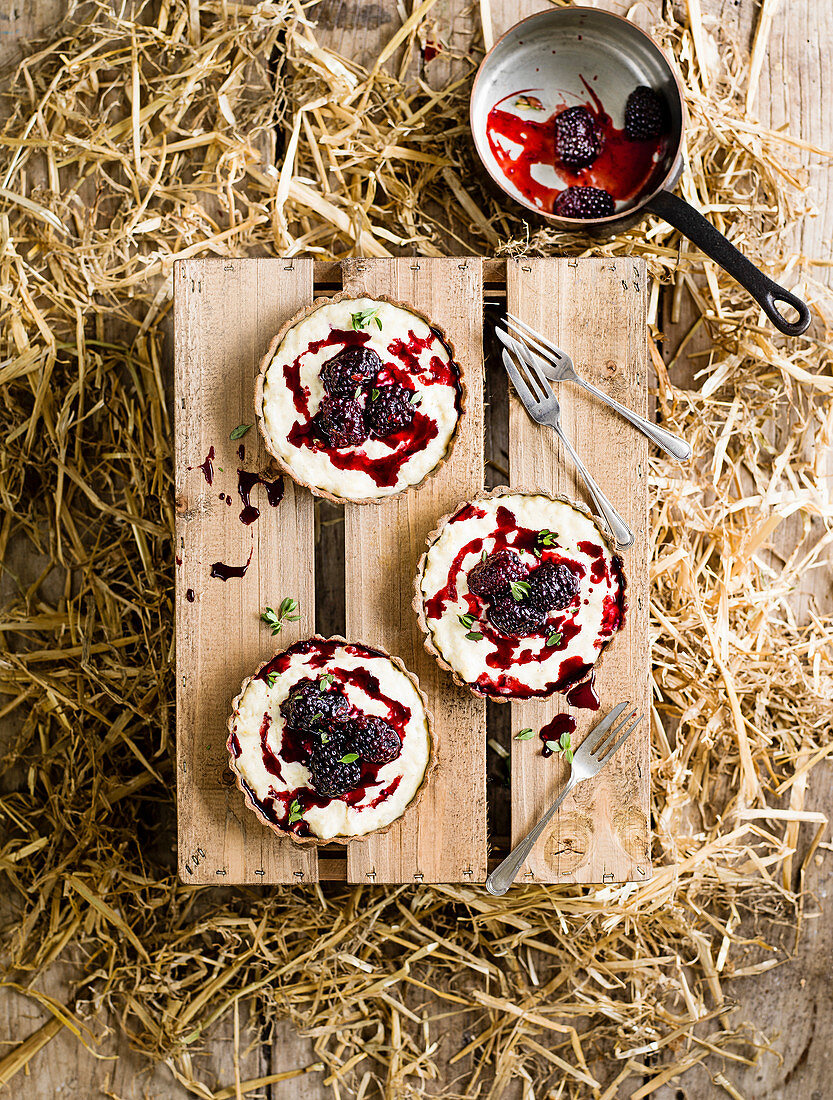 Buckwheat tarts with rice pudding and blackberries