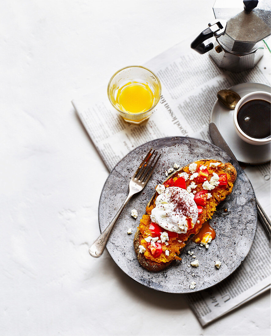 Squash toast with feta, sumac and poached eggs