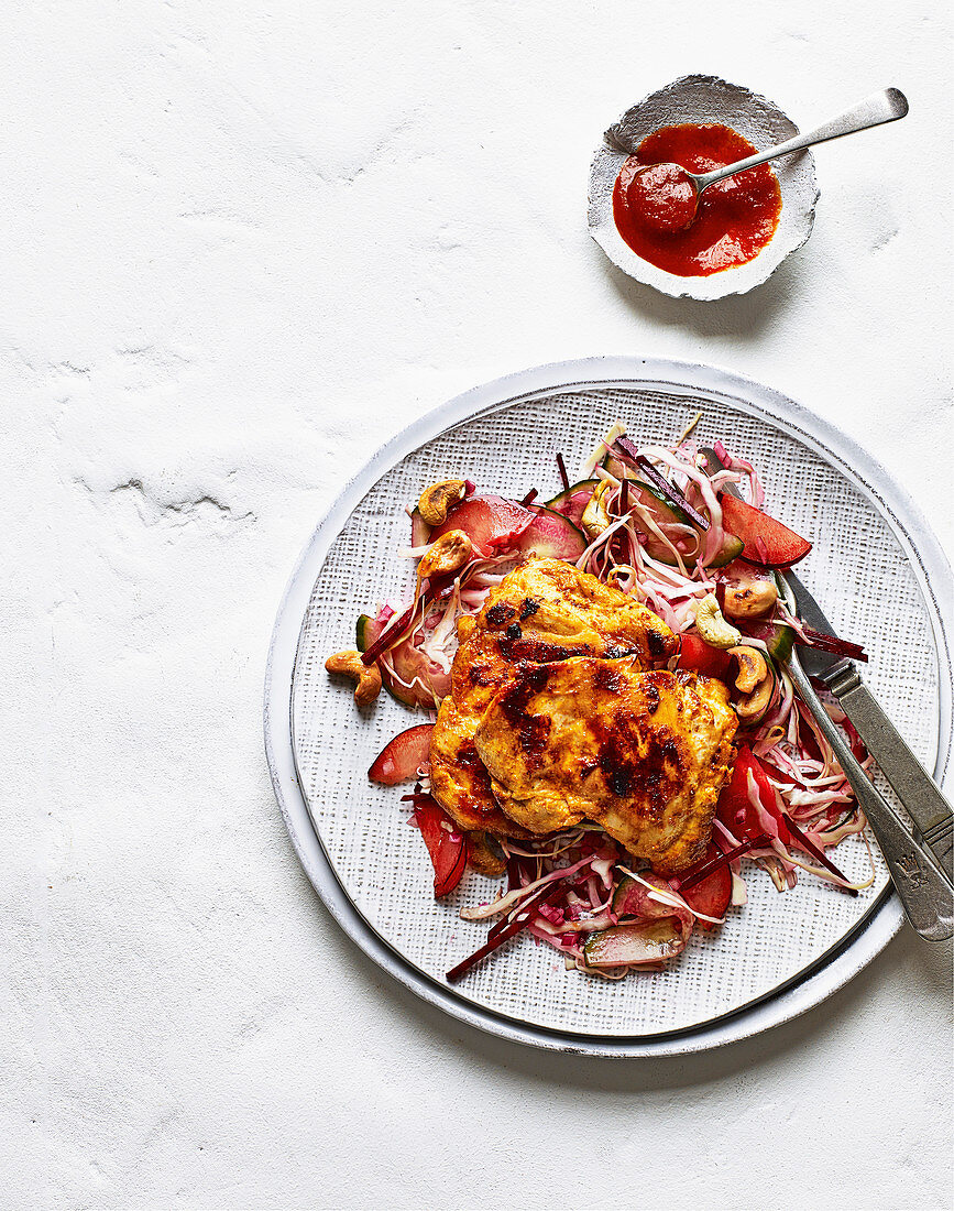 Seared sriracha chicken with pickled plum slaw