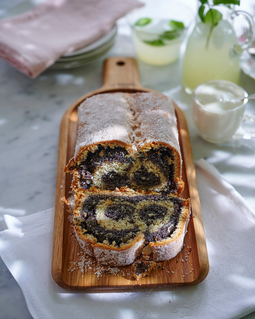 Poppy seed loaf cake, a slice removed