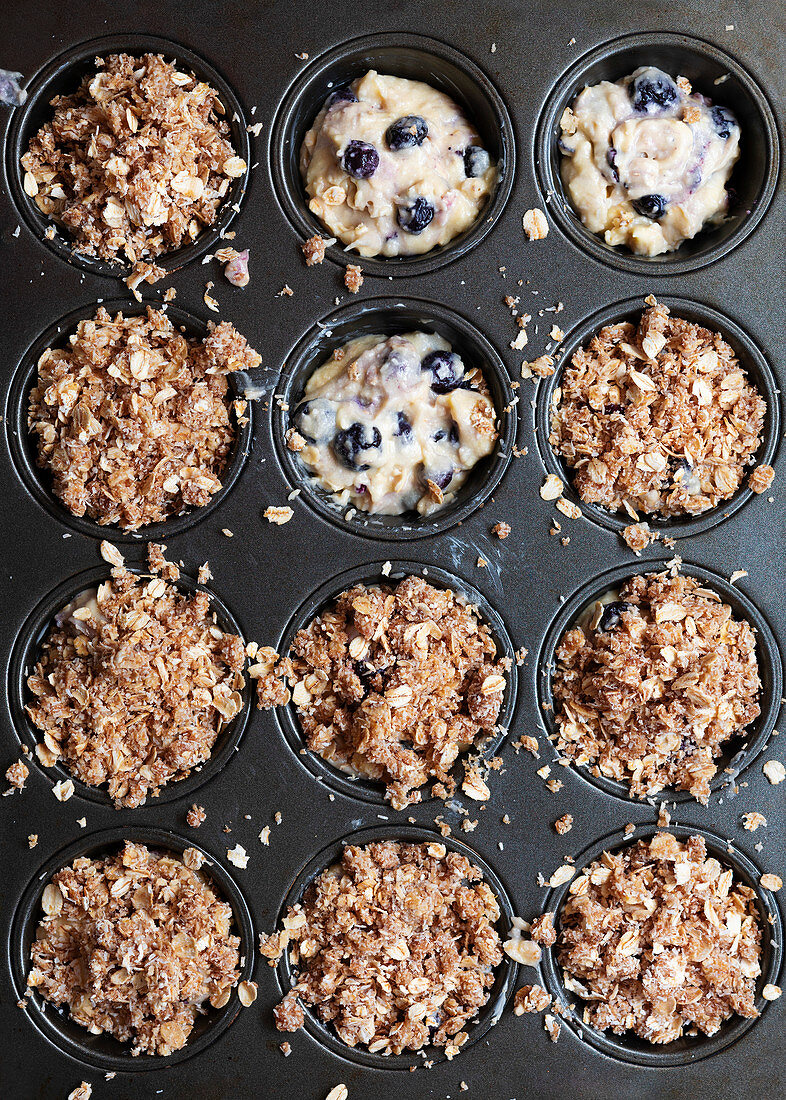 Blueberry muffin batter with oat crumble