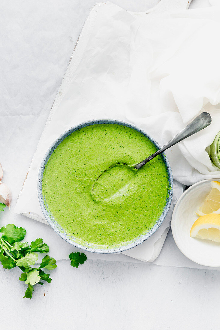 Cilantro pesto in a bowl