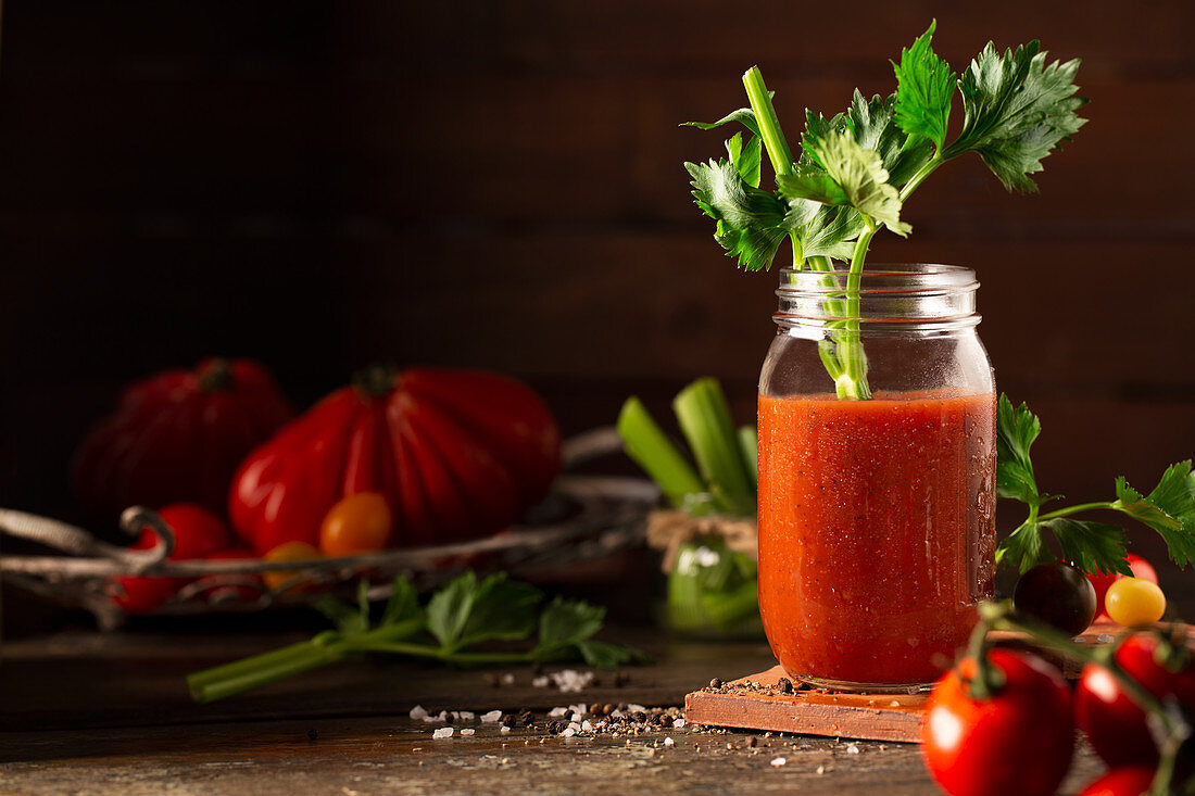 Tomato juice garnished with a stick of celery