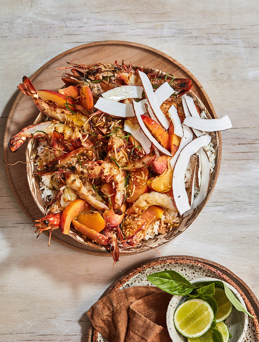 Prawns with coconut rice and sambal