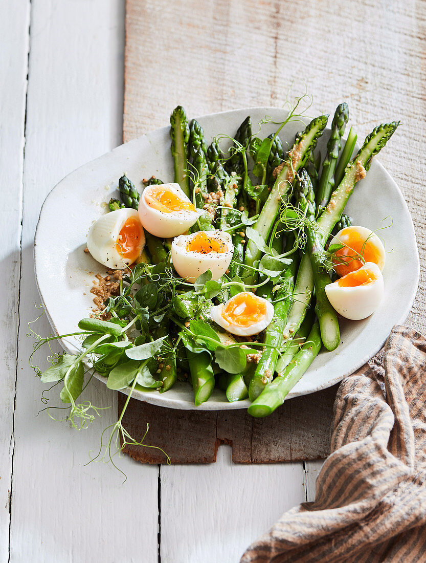 Asparagus and eggs with miso dressing