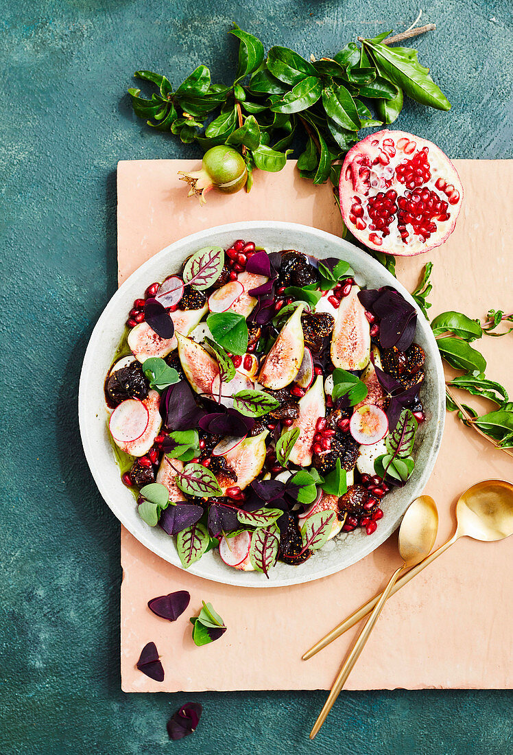 Feigensalat mit Feigenkaramell, Feigenblattöl, Granatapfel und Radieschen