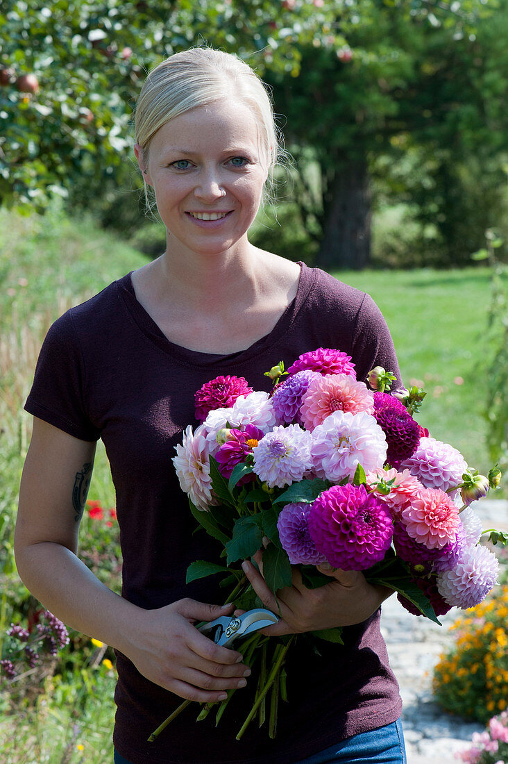 Woman with freshly cut dahlias for bouquet