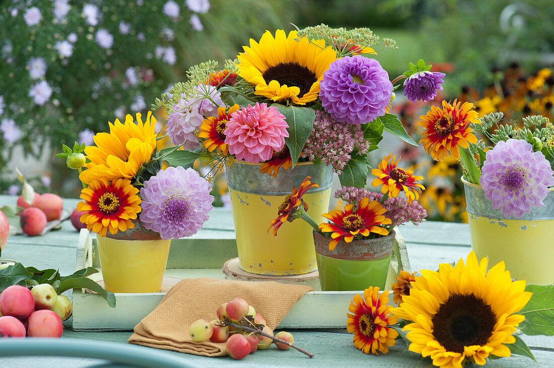 Small bouquets of sunflowers, dahlias, zinnias, sedum and fennel umbels as table decorations