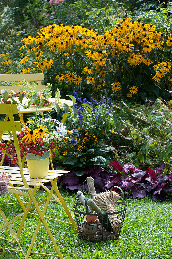 Small seating group on the bed with 'Goldsturm' Rudbeckia, mealy sage, knotweed and purple bells, basket with utensils