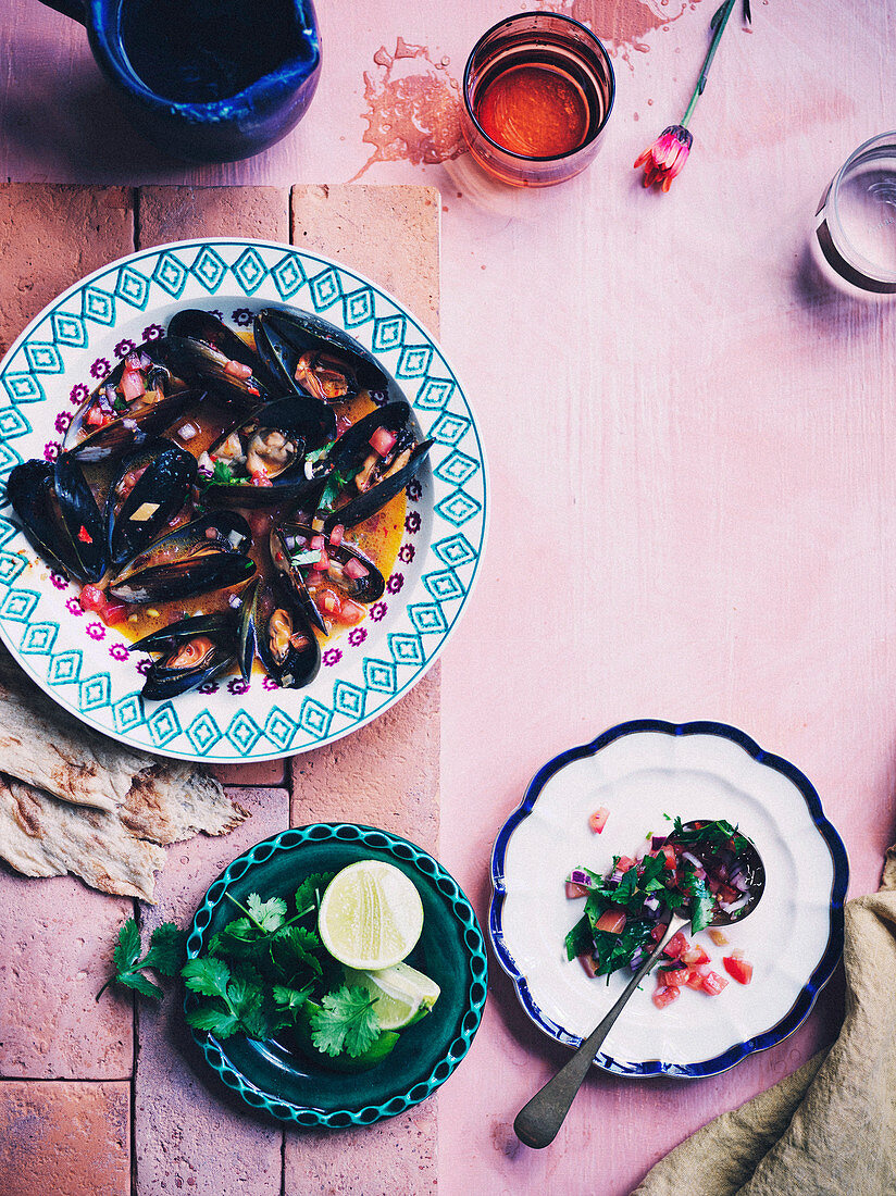 Miesmuscheln mit Harissa und Granatapfelkernen