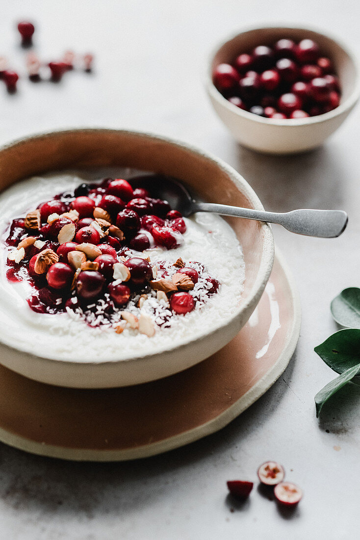 Yogurt with fresh cranberries and almonds