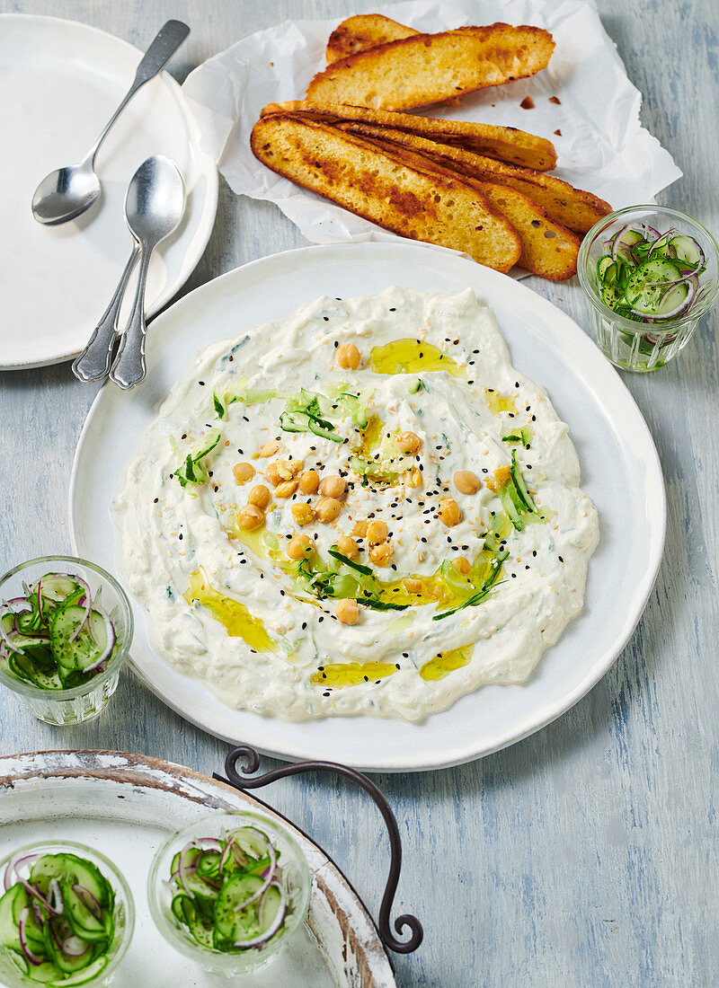 Tzatziki with cucumber salad and toasted bread