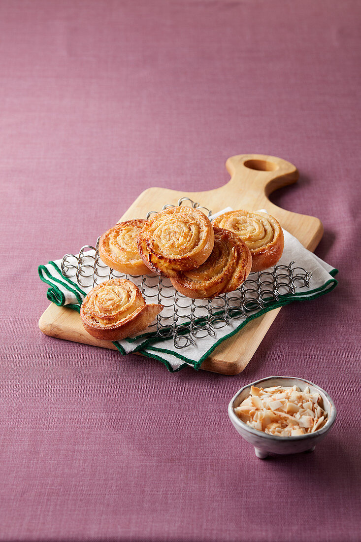 Coconut yeast rolls on a cutting board