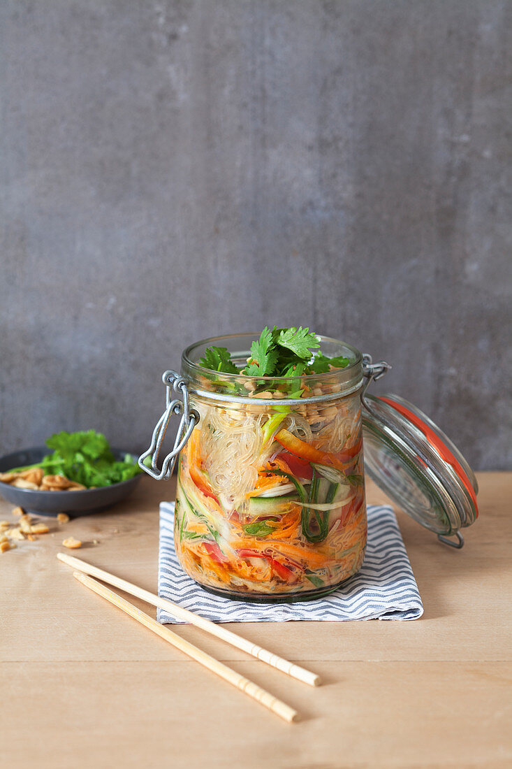 Thai glass noodle salad in a glass jar