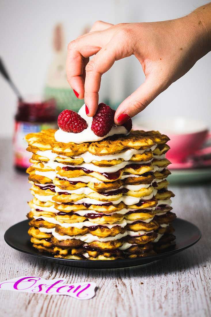 Waffle cake with raspberries for Easter