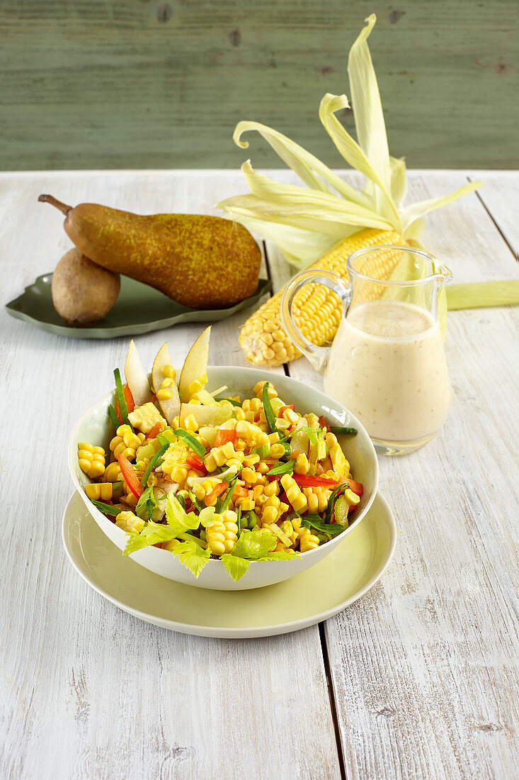 Corn salad with celery and a pepper and pear dressing