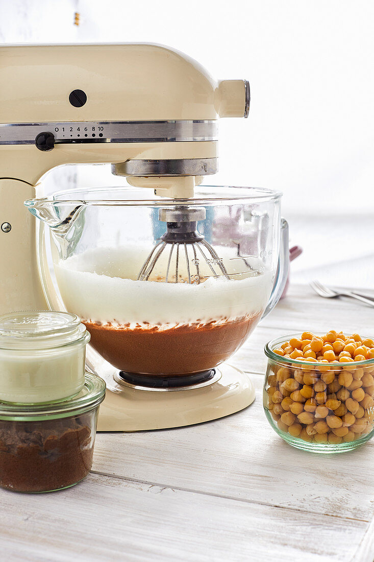 Preparing vegan mousse au chocolat from Aquafaba