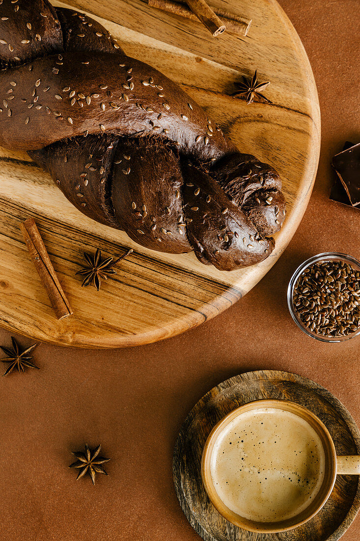 Chocolate brioche braided bread with flax seeds